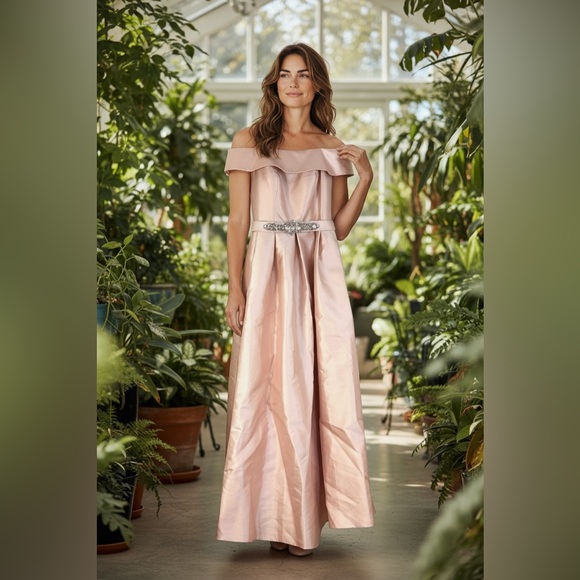 Eliza J Dresses & Skirts - Eliza J Blush Pink Off-Shoulder Gown with Rhinestone Belt – Size 8